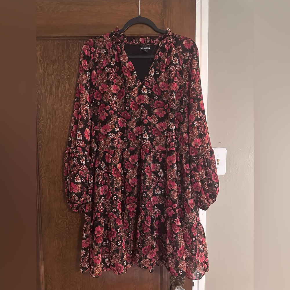 Express Black and Pink Floral Long Sleeve Dress
